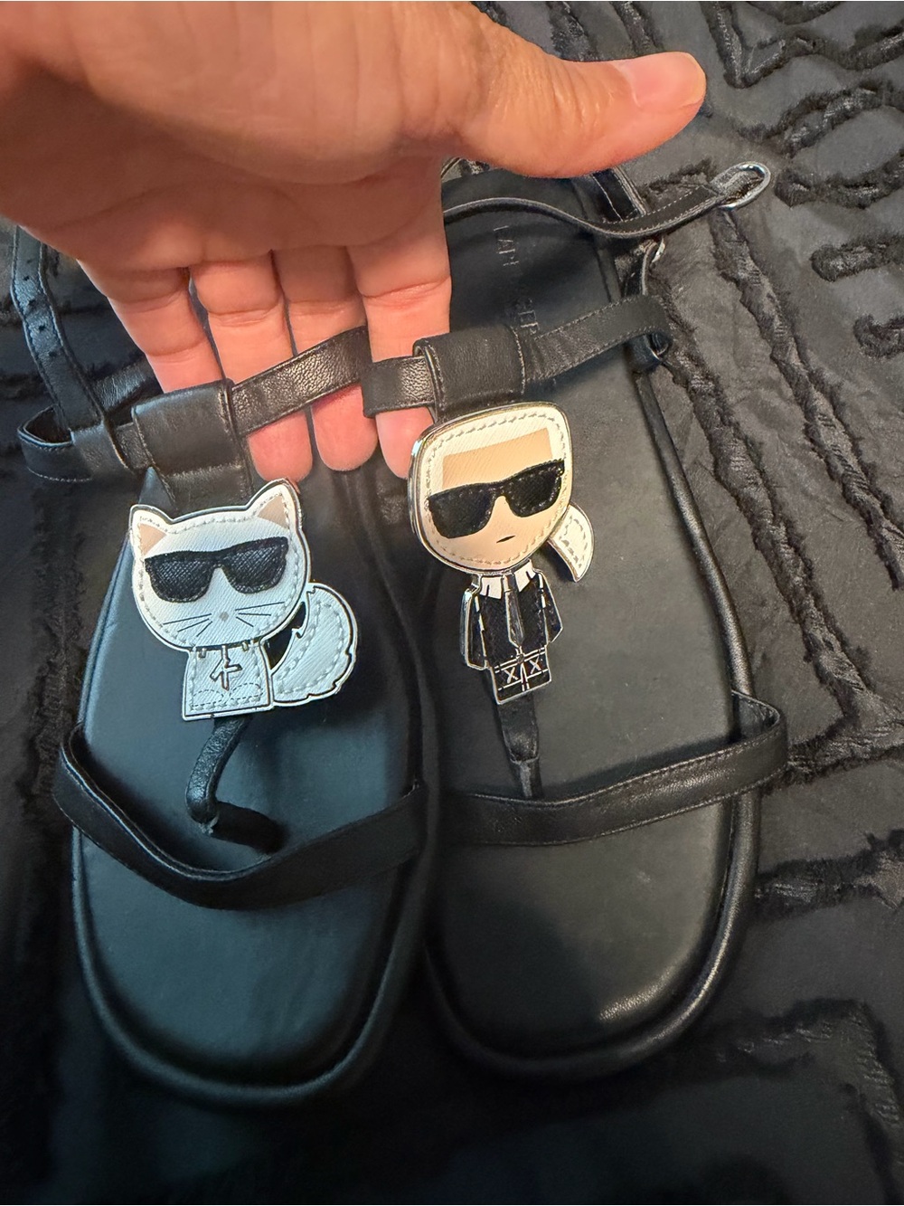 Karl Lagerfeld Black Leather T-Strap Sandals with Character Patches